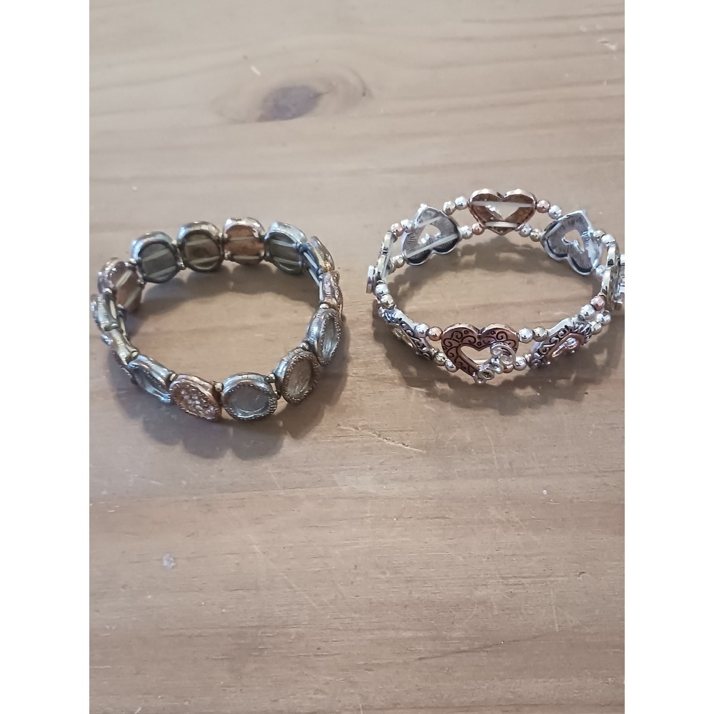 Mixed Metal Stretch Bracelet Set Hearts Filigree Rhinestone Silver Gold Rose